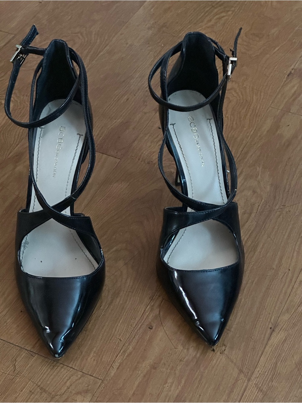 BCBGeneration Black Patent Pointed Toe Crisscross Ankle Heels